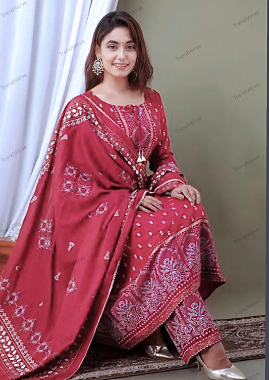 Womens Rayon Kurti With Duppata And Bottomwear 3 Pice Set