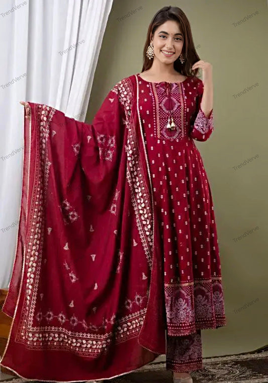 Womens Rayon Kurti With Duppata And Bottomwear 3 Pice Set